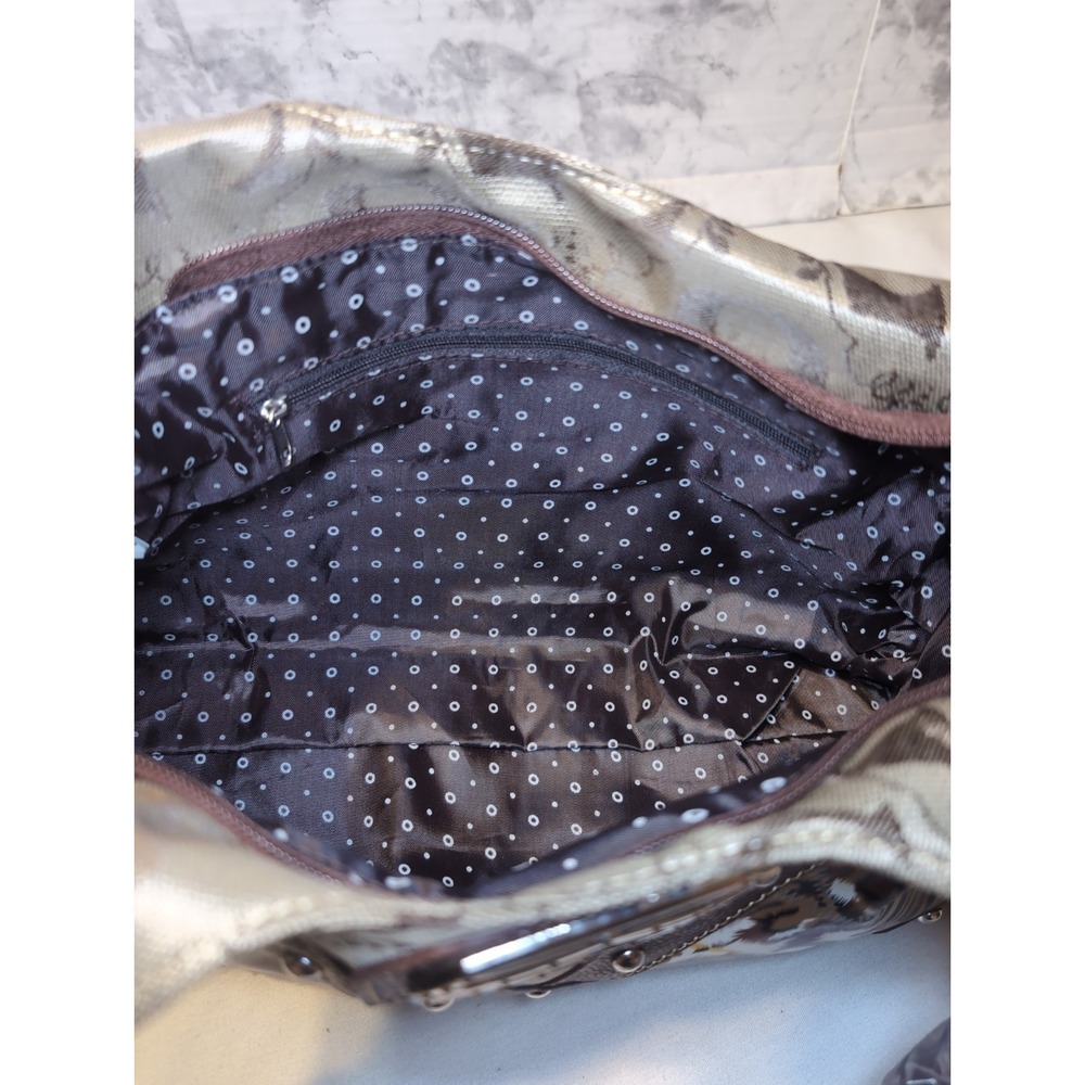 GUESS ? Patchwork Animal Purse Bag Silver Logo Hardware Double Handles 14.5"x9" - Picture 10 of 11